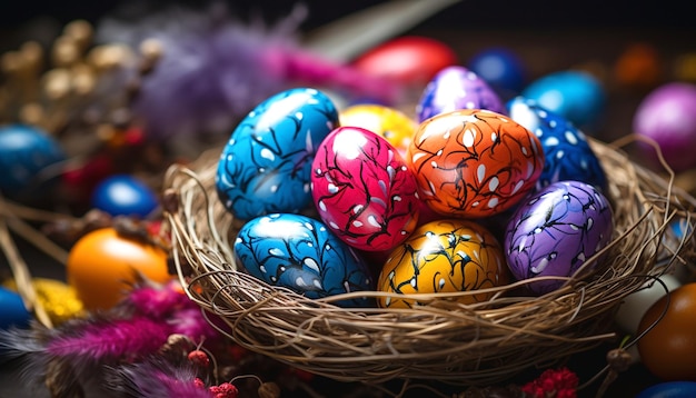 Feliz Dia de Páscoa com Ovos de Páscua Decorativos Em Um Cesto