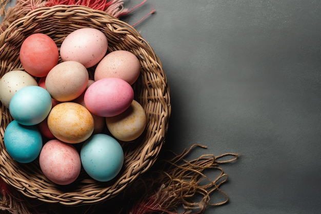 Feliz dia de Páscoa com ovos pintados coloridos na cesta ou ninho em fundo de madeira ou espaço de cópia