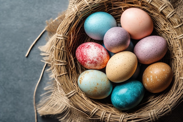 Feliz dia de Páscoa com ovos pintados coloridos na cesta ou ninho em fundo de madeira ou espaço de cópia