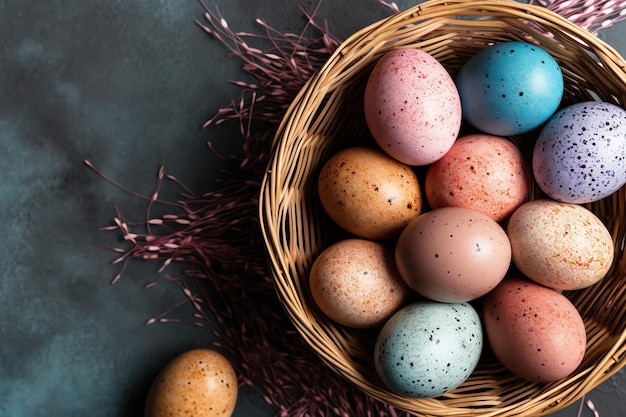 Feliz dia de Páscoa com ovos pintados coloridos na cesta ou ninho em fundo de madeira ou espaço de cópia