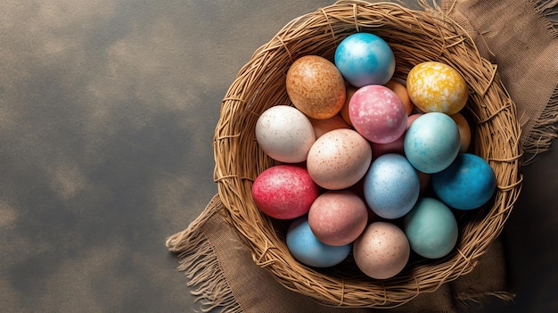 Feliz dia de Páscoa com ovos pintados coloridos na cesta ou ninho em fundo de madeira ou espaço de cópia