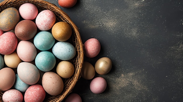 Feliz dia de Páscoa com ovos pintados coloridos na cesta ou ninho em fundo de madeira ou espaço de cópia