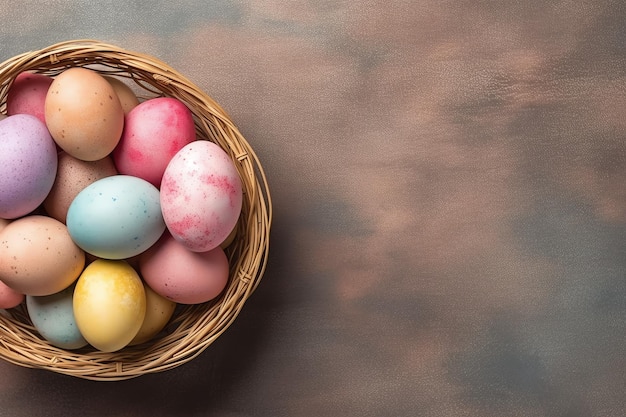 Feliz dia de Páscoa com ovos pintados coloridos na cesta ou ninho em fundo de madeira ou espaço de cópia