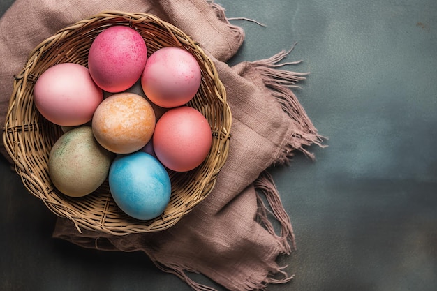 Feliz dia de Páscoa com ovos pintados coloridos na cesta ou ninho em fundo de madeira ou espaço de cópia