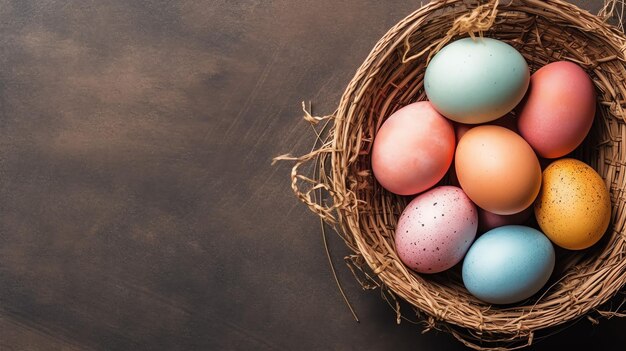 Feliz dia de Páscoa com ovos pintados coloridos na cesta ou ninho em fundo de madeira ou espaço de cópia