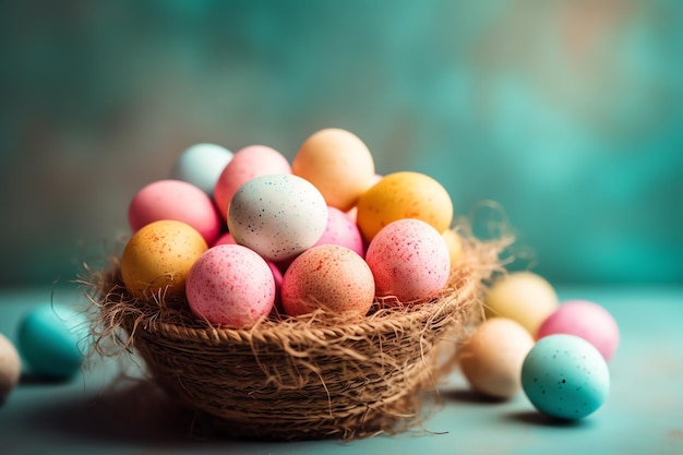 Feliz dia de Páscoa com ovos pintados coloridos na cesta ou ninho em fundo de madeira ou espaço de cópia