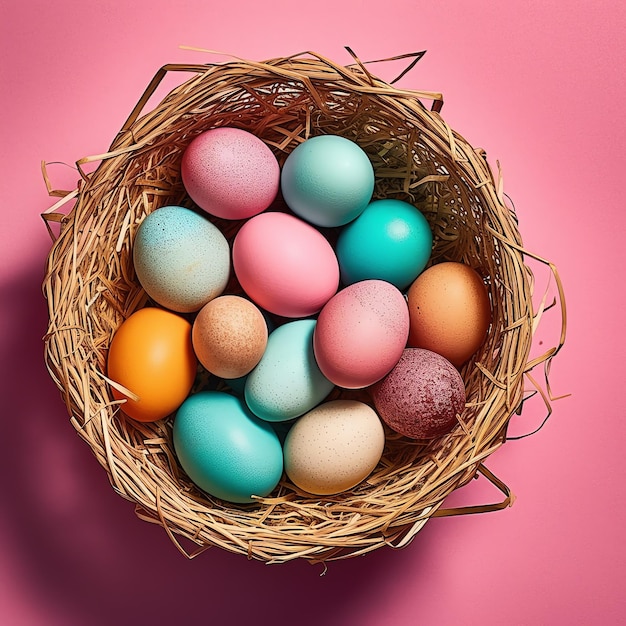 Feliz dia de Páscoa com ovos pintados coloridos na cesta ou ninho em fundo de madeira ou espaço de cópia