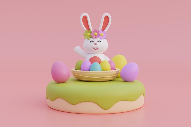Feliz dia de Páscoa Ovos de páscoa coloridos com flor e coelho fofo Celebração internacional da primavera renderização em 3d