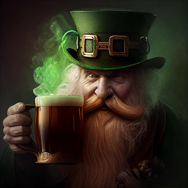 Feliz Dia de São Patrício Cartaz Conceito Leprechaun Homem de chapéu verde segurando cerveja na mão