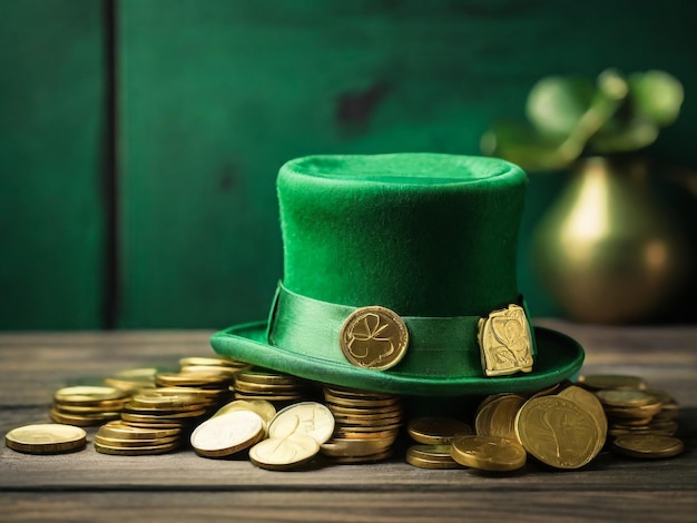 Feliz Dia de São Patrício chapéu de duende com moedas de chocolate dourado em fundo de madeira verde de estilo vintage