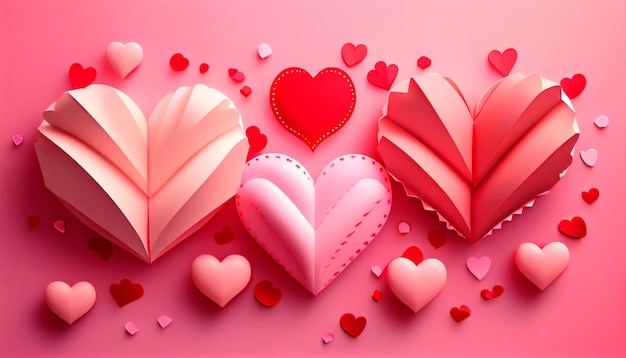 Feliz dia de São Valentim papel de cartão com corações vermelhos e rosa em fundo rosa lindo Generative AI
