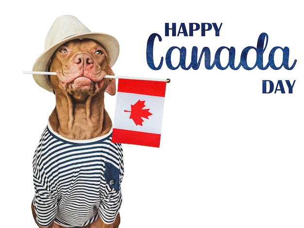 Feliz dia do canadá cachorrinho fofo e bandeira canadense