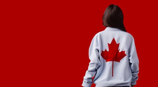 Feliz dia do Canadá, garota de banner vestindo camisa do Canadá em um espaço de cópia de fundo vermelho