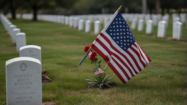 Foto feliz dia do memorial 4k hd com fundo com flores e bandeira americana perto do túmulo