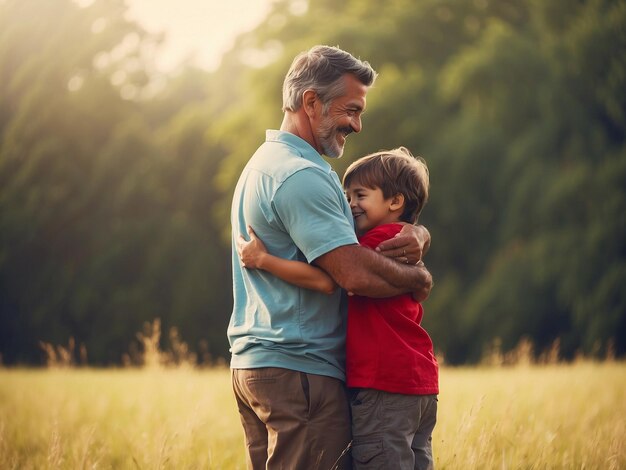 Feliz Dia do Pai com o pai e o filho a abraçar-se.