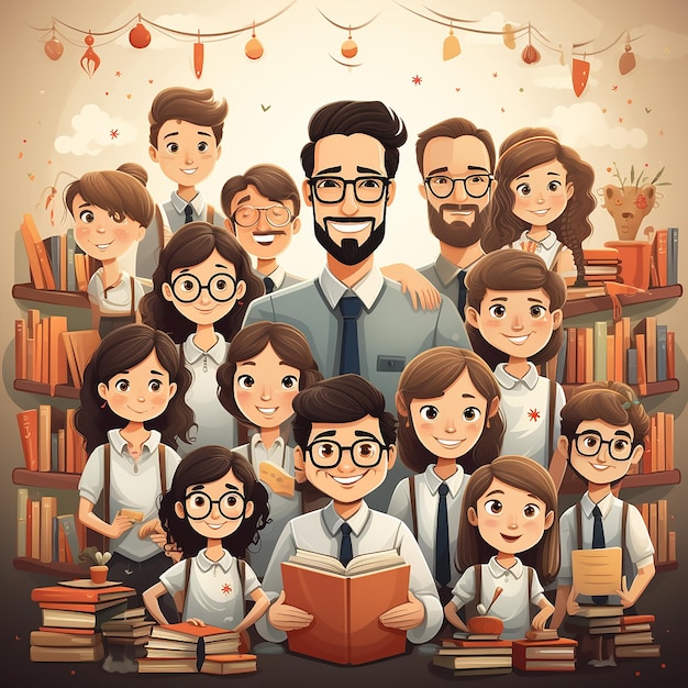 Feliz Dia do Professor com um grupo de professores de várias áreas reunindo ilustração