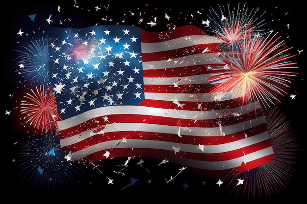 Feliz dia do trabalho bandeira americana com fundo de exibição de fogos de artifício Generative Ai