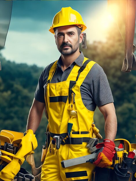 Feliz Dia do Trabalho chapéu amarelo profissional homem com ferramentas generativo ai