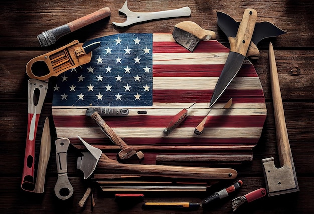 Feliz Dia do Trabalho, Dia do Trabalho, EUA, América, bandeira com muitas ferramentas úteis Generative Ai