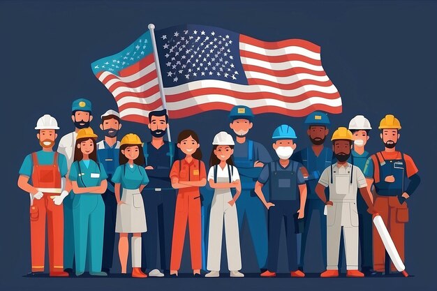 Foto feliz dia do trabalho várias ocupações pessoas de pé com a bandeira americana