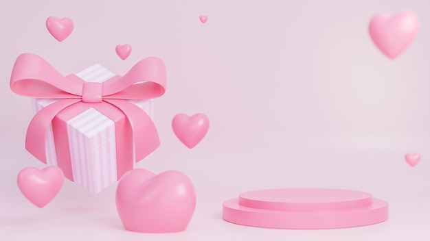 Feliz dia dos namorados banner com caixa de presente e corações 3d objetos com pódio para apresentação do produto em fundo rosa., modelo 3d e ilustração.