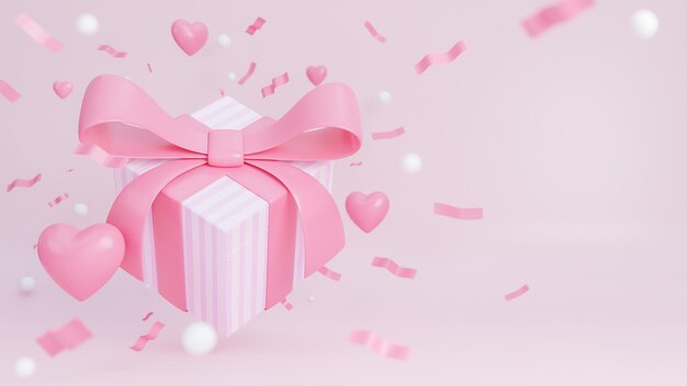 Feliz dia dos namorados banner com caixa de presente e corações objetos 3d em fundo rosa., modelo 3d e ilustração.