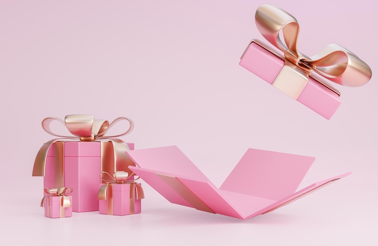 Feliz dia dos namorados banner com caixa de presente rosa aberta e decorações românticas de dia dos namorados
