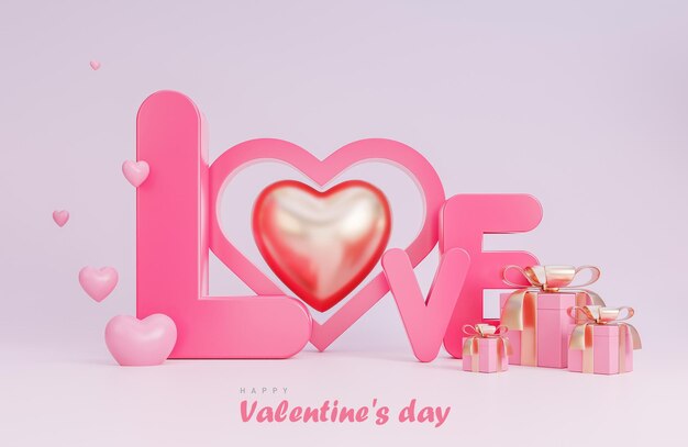 Feliz dia dos namorados banner com texto amor objetos 3d em fundo rosa., modelo 3d e ilustração.