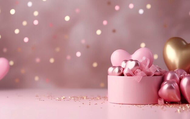 Feliz Dia dos Namorados banner Corações rosa e dourado foil balões com presentes em bokeh rosa Fundo do Dia dos Namorados Banner romântico Espaço vazio de fundo para texto AI Generative
