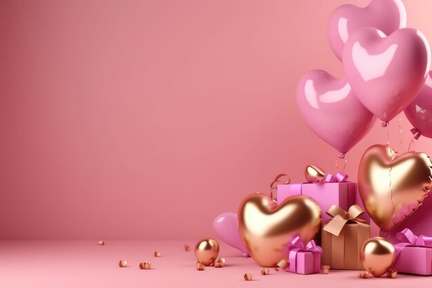 Feliz dia dos namorados banner Corações rosa e dourado
