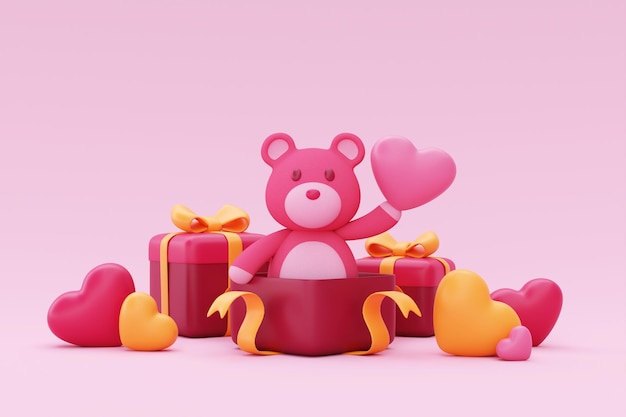 Feliz dia dos namorados caixa de presente aberta com ursinho de pelúcia e balões em forma de coração rosa promoção fundo de exibição para renderização 3d dos namorados