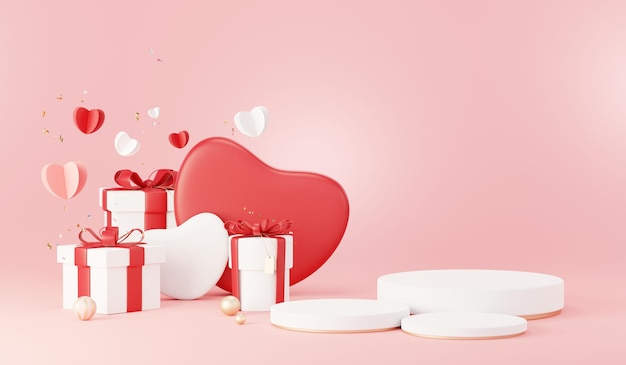 Feliz Dia dos Namorados Cena de amor mínima e doce com pódio de exibição para maquete e apresentação da marca do produto Suporte de pedestal rosa Fundo de coração adorável bonito Estilo de design do dia do amor renderização em 3D