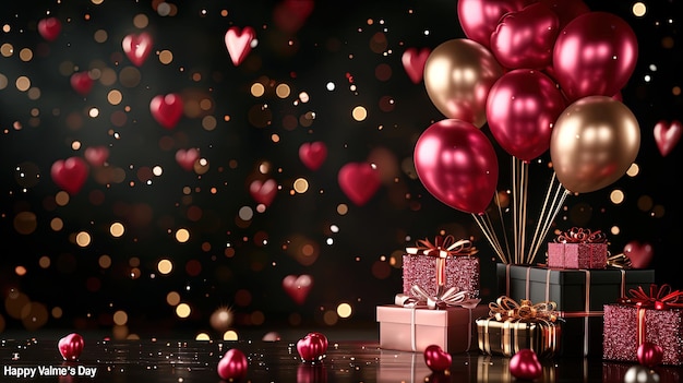 Feliz Dia dos Namorados com balões e presentes.