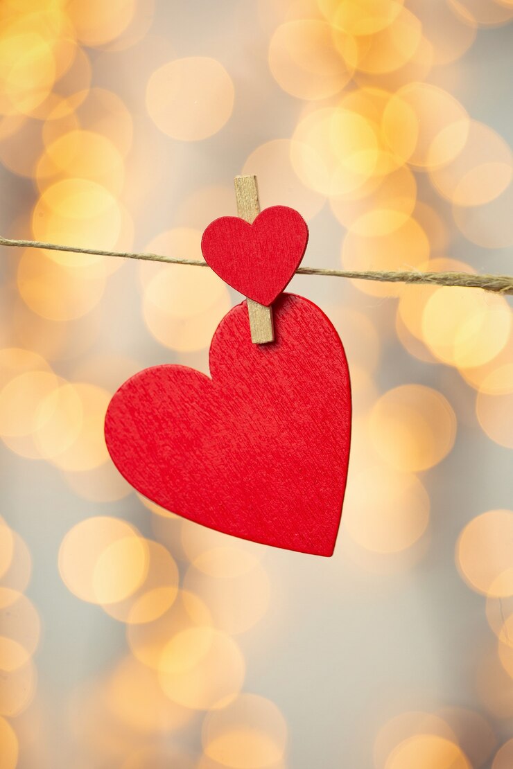 Foto feliz dia dos namorados com coração vermelho pendurado com prendedor na corda e luzes de bokeh