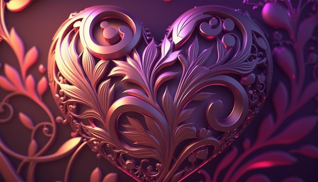 Feliz dia dos namorados com padrão ornamentado e coração abstrato adora videiras rosa e luzes iridescentes roxo rosa suave vermelho abstrato Generative Ai