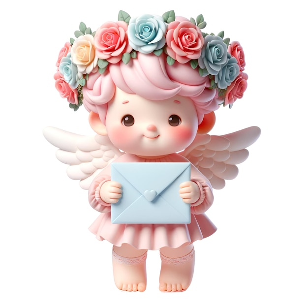 Feliz Dia dos Namorados conceito 3D querubim ou Cupido vestindo traje de anjo segurando envelope azul de pé no pódio Há uma coroa de rosas vermelhas na cabeça fundo branco