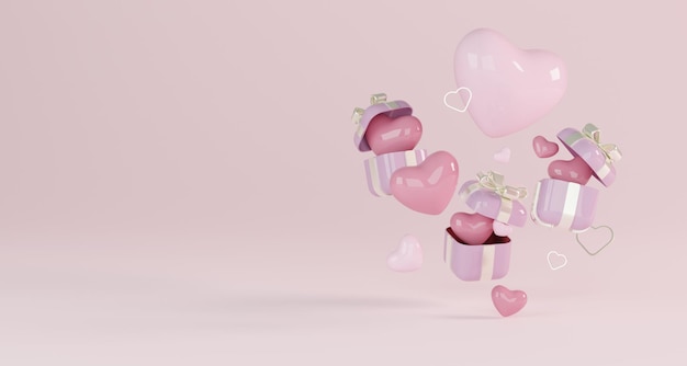 Feliz dia dos namorados fundo com balões de corações de amor e caixas de presentes tema roxo 3d render