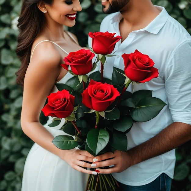 Foto feliz dia dos namorados rosas vermelhas expressão de amor casal segurando rosa vermelha brilhante nas mãos