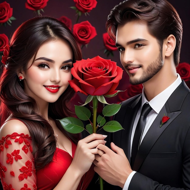 Feliz Dia dos Namorados rosas vermelhas expressão de amor casal segurando rosa vermelha brilhante nas mãos