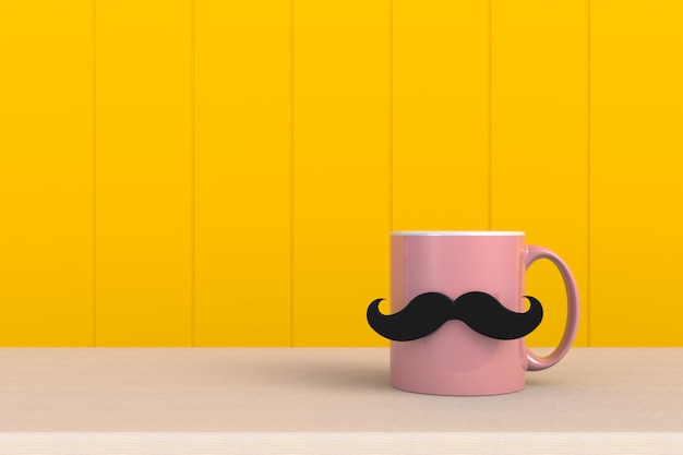 Feliz dia dos pais conceito, close-up de café com bigode em fundo amarelo de madeira