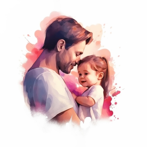 Feliz Dia dos Pais, retrato em aquarela de um pai e uma filha se abraçando e sorrindo em um fundo branco com espaço de cópia gerado por IA