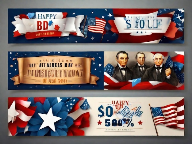 Feliz Dia dos Presidentes Um conjunto de bandeiras Estados Unidos fundo simbólico nacional feriado público americano Ilustração vetorial realista