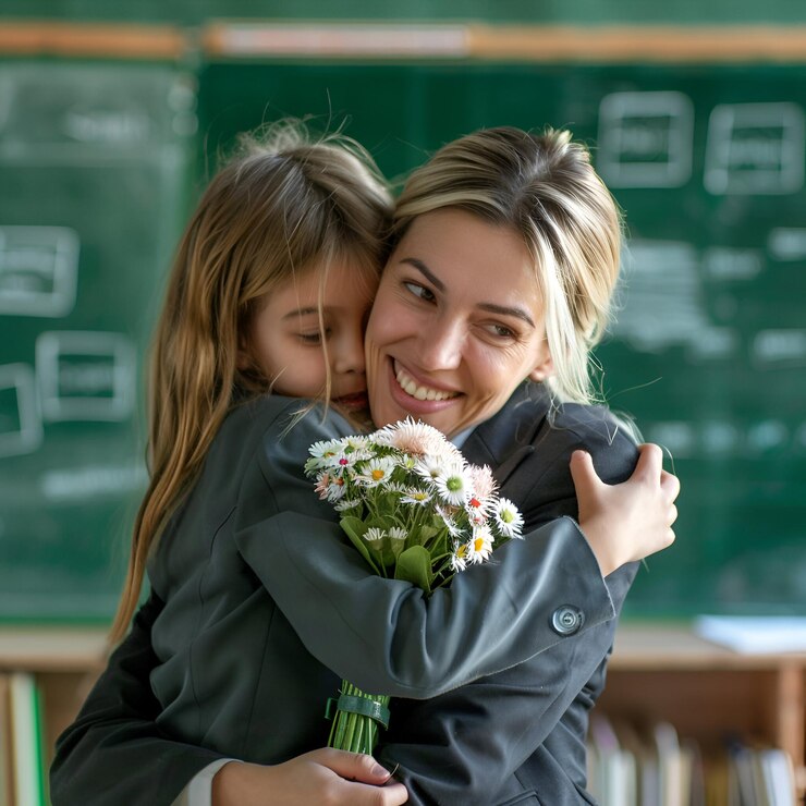 Foto feliz dia dos professores fundo aluno abraçando com o professor segurando um buquê de flores