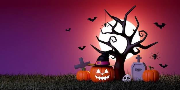 Feliz día de halloween pancarta Jack O Lantern en el cementerio en una noche de luna llena ilustración 3d
