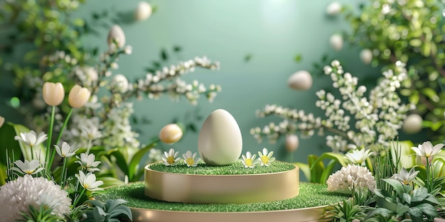 Feliz día del huevo de Pascua sobre un fondo verde pálido con un fondo de huevo producto 3D para un podio de Pascua y espacio IA generativa