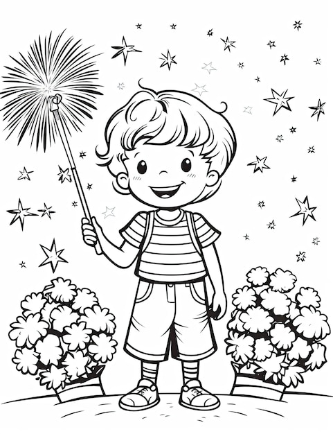 Feliz día de la independencia de américa, niños, página para colorear, simple, blanco y negro, sin sombreado, fondo blanco