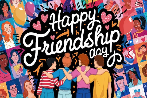 Feliz día internacional de la amistad tarjeta de felicitación vista trasera del grupo de amigos