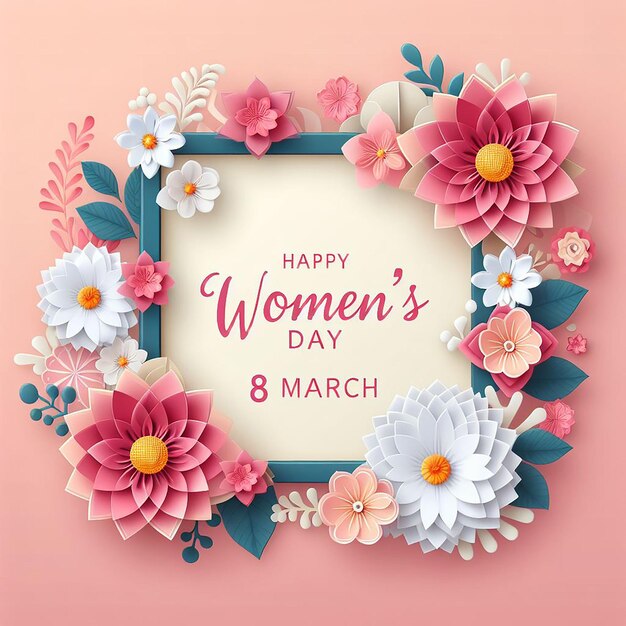 Feliz Dia Internacional da Mulher 8 de Março fundo de feriado com corte de papel Quadro Flores