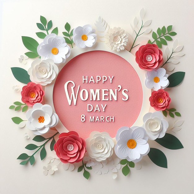 Feliz Día Internacional de la Mujer 8 de marzo Fondo de vacaciones con corte de papel Marco de flores