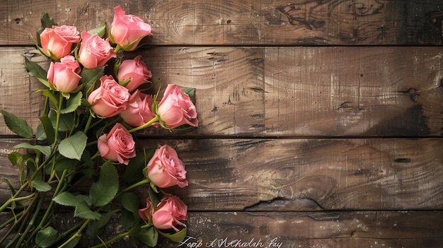 Feliz día de la madre caligrafía con rosas rosas sobre fondo de madera rústica